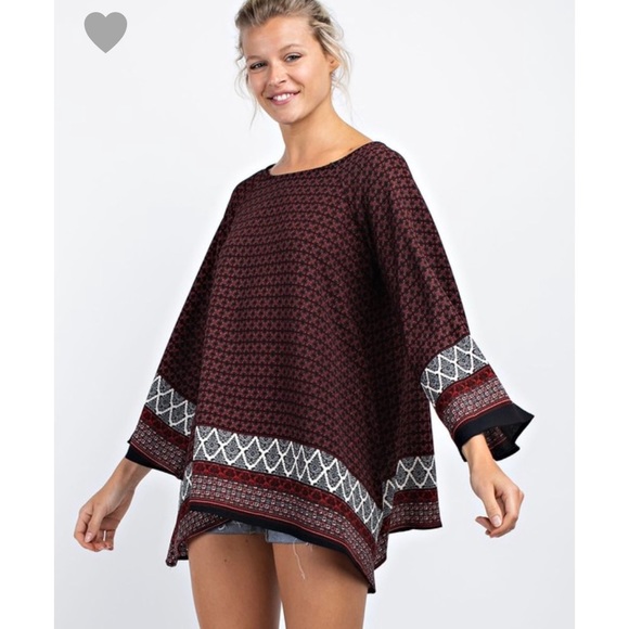 Navy and Red Boho Patterned Blouse with Wide Sleeves - Picture 4 of 8